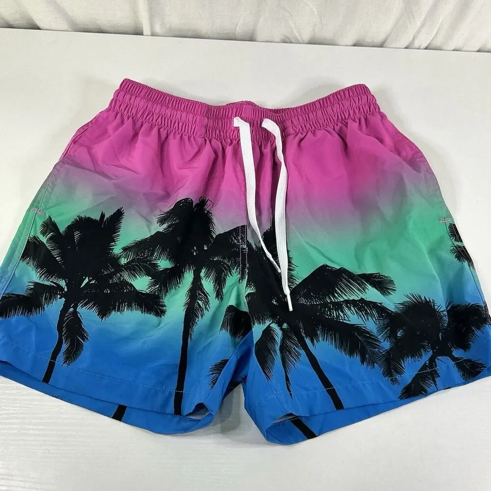 Chubbies Palm Tree Ombré Classic 5.5” Swim Trunks Shorts Mens Small Pink Green